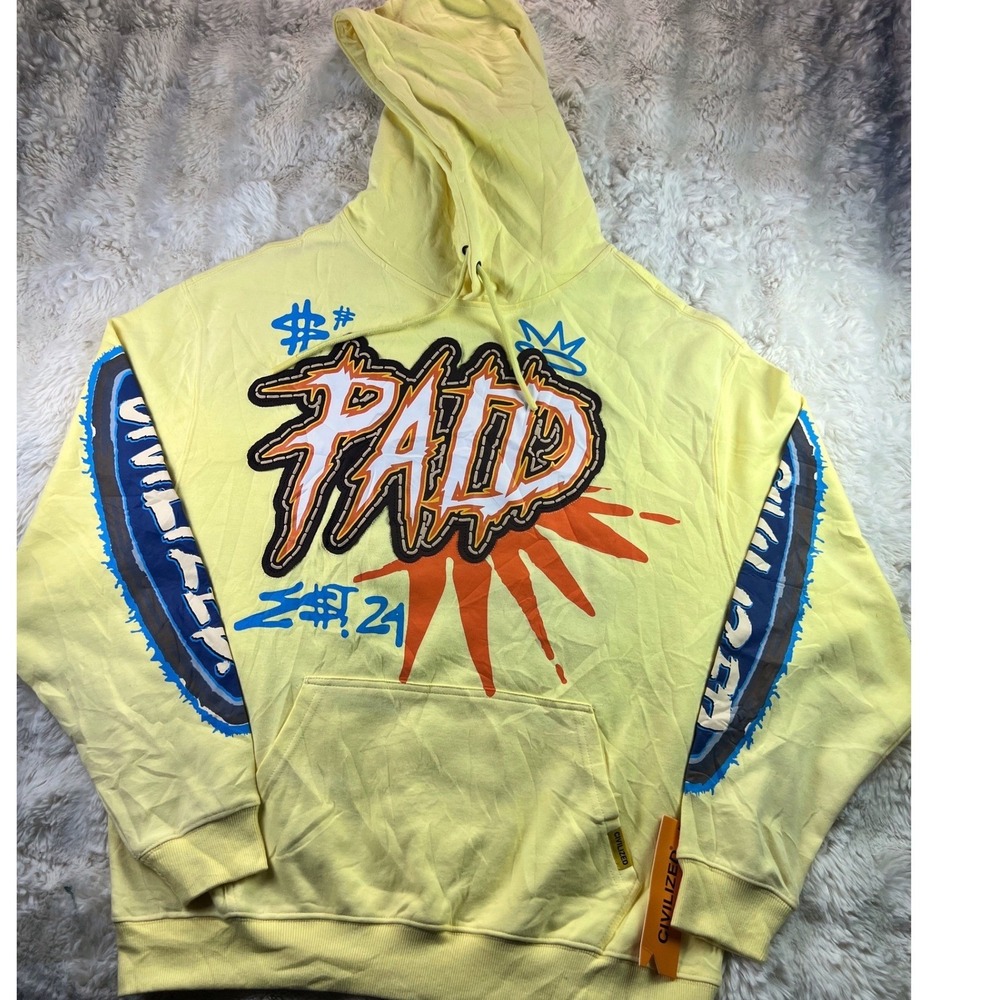 Civilized Paid Graphic Hoodie Mens Sz L Yellow Streetwear Pullover A24